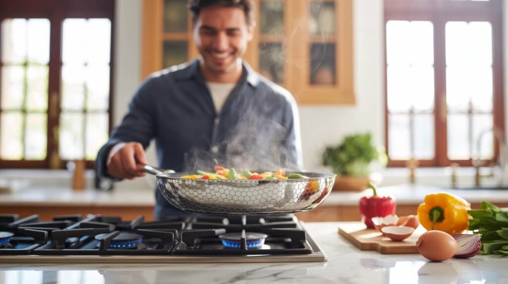 A smiling man cooking vegetables on a gas stove using the best HexClad cookware set in a bright modern kitchen.