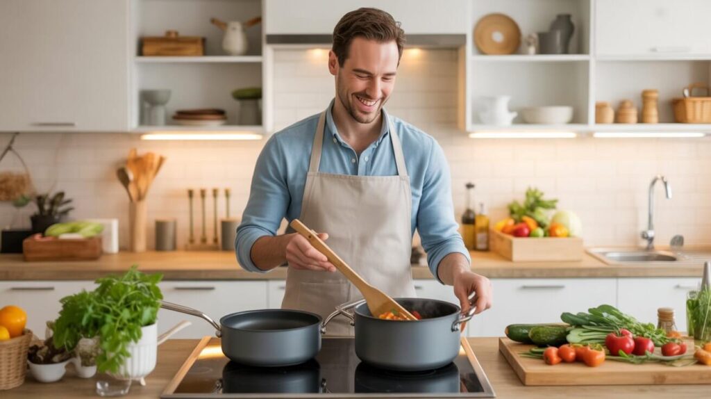 A happy man cooking fresh vegetables in a modern kitchen using the best cookware for healthy cooking.