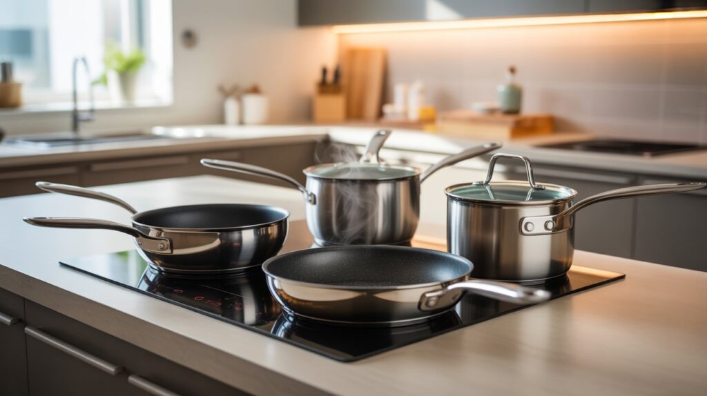 Premium stainless steel induction cookware sets for kitchen placed on an induction cooktop in a modern home interior.