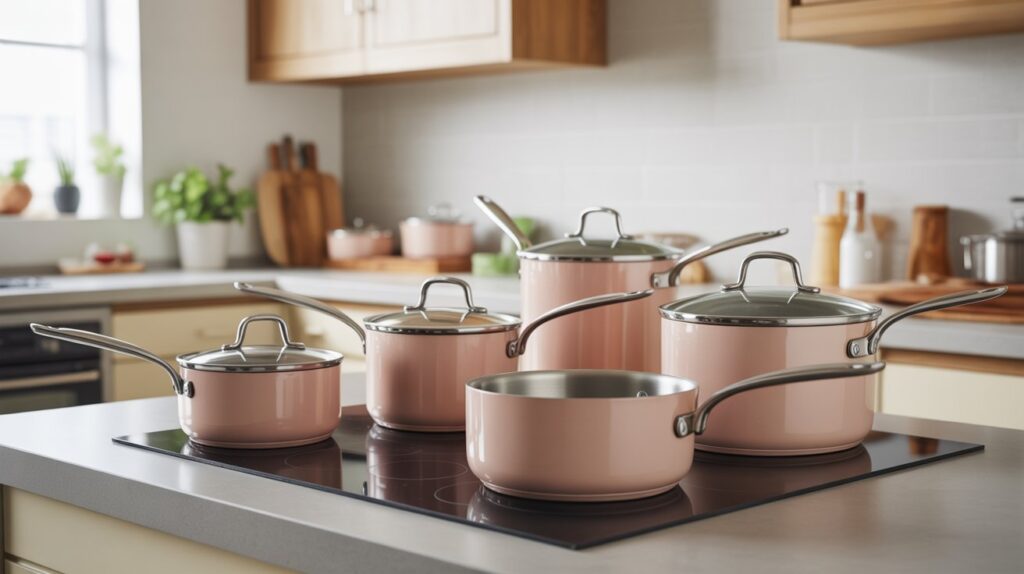 A stylish collection of lightweight cookware sets for kitchen displayed on a sleek countertop, featuring pink nonstick pots and pans with stainless steel handles in a bright modern kitchen.