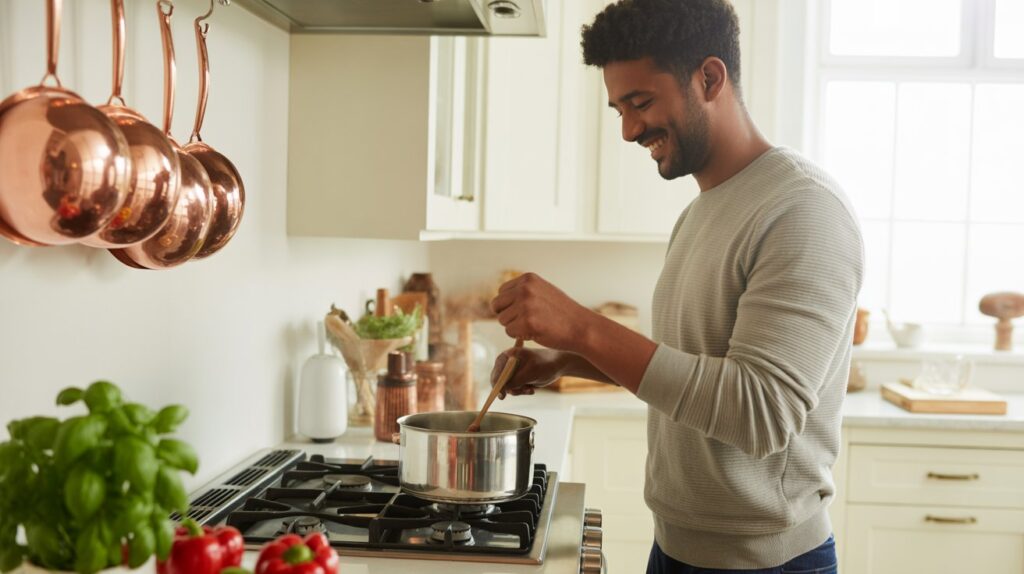 Smiling man cooking in a bright modern kitchen using stainless steel Gas Stoves cookware Sets, stirring food in a pot on the gas burner with copper pans and fresh vegetables nearby.