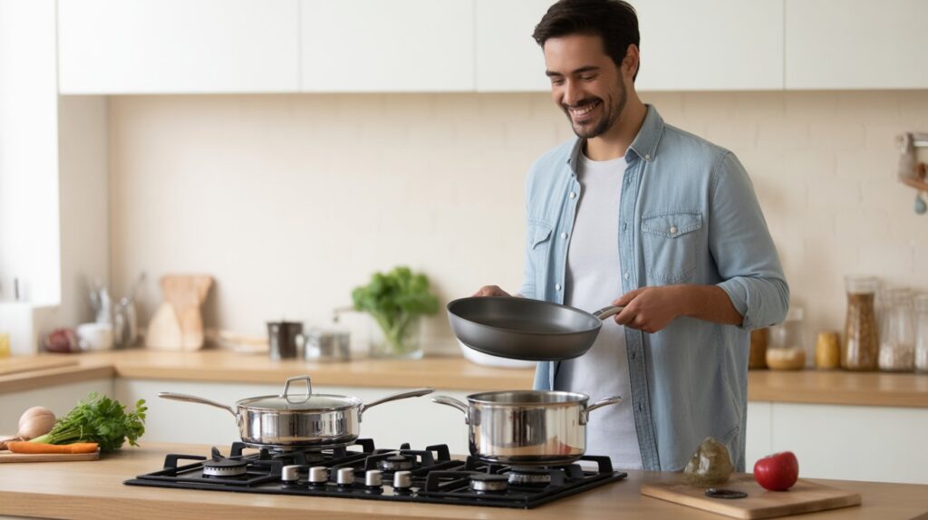 Smiling man cooking in a modern kitchen using stainless steel cookware sets for gas stoves, holding a frying pan over a stove with pots and fresh vegetables on the counter.