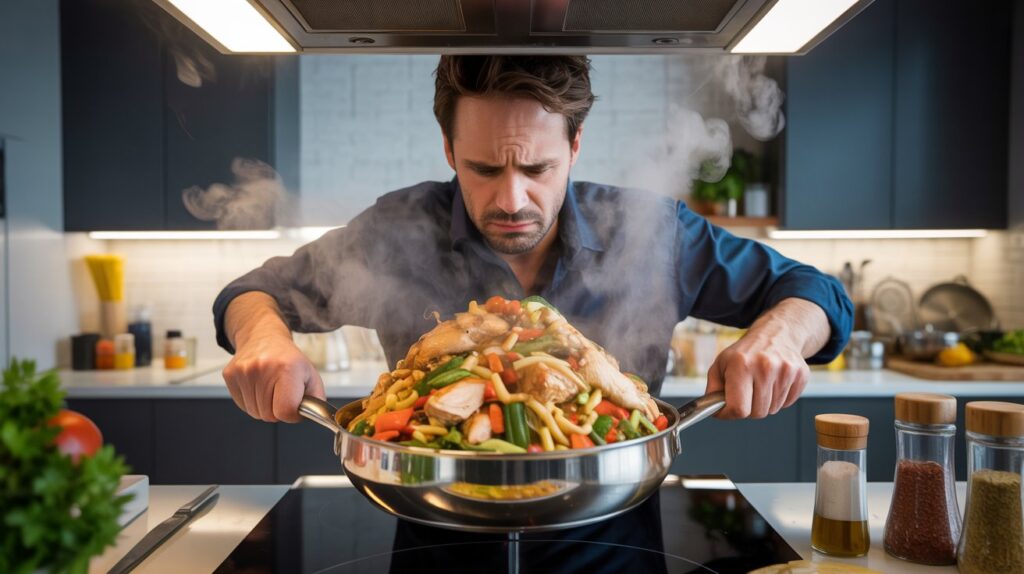 A frustrated man in a modern kitchen holding a pan overflowing with food and steam, clearly showing the effects of overcrowding during cooking.