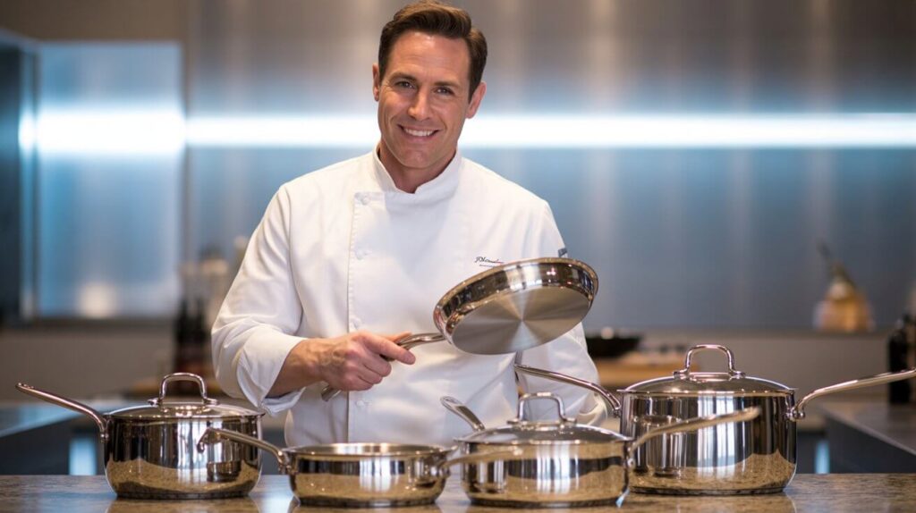 A professional chef smiling in a modern kitchen while showcasing stainless steel pots and pans, representing high-quality professional cookware for kitchen enthusiasts.