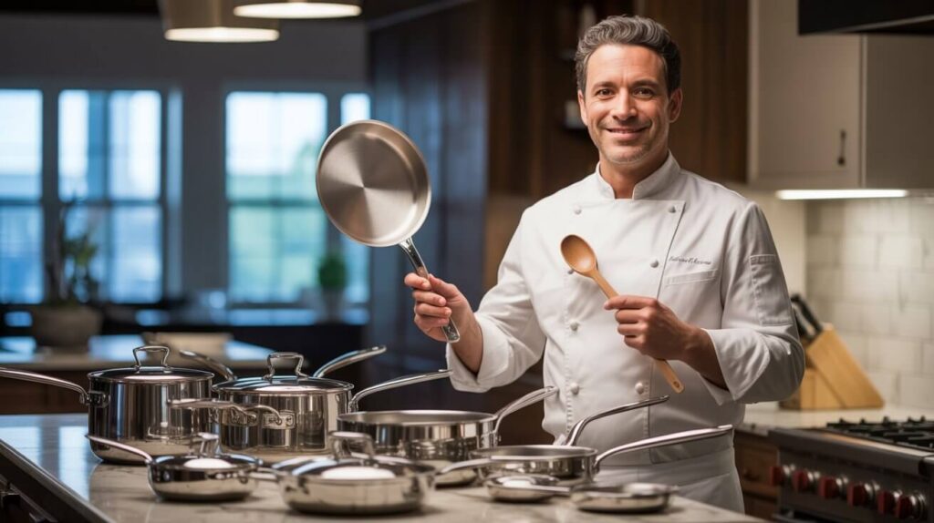 A professional chef standing in a stylish kitchen holding cookware, surrounded by stainless steel professional cookware sets on the counter.