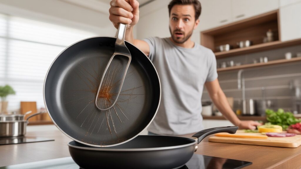 A surprised man in a modern kitchen holding up a scratched non-stick frying pan, illustrating common cookware mistakes that damage pans over time.