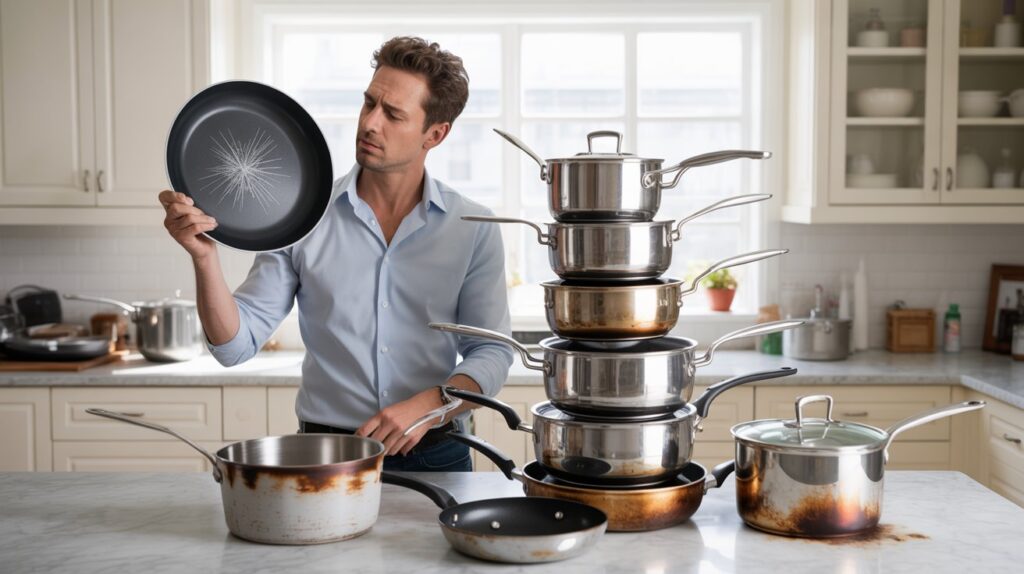 A man examining a scratched frying pan in a bright kitchen surrounded by stacked pots and pans, showing the damage caused by stacking without protection.