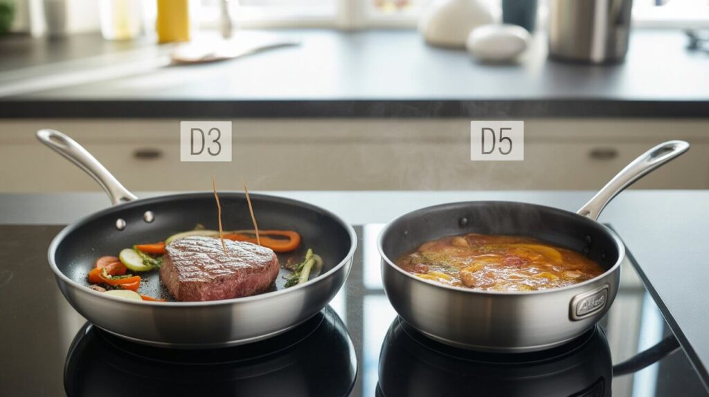 Side-by-side comparison of d3 vs d5 all clad cookware cooking difference, showing a D3 pan searing steak with vegetables and a D5 pan simmering a hot dish on a modern stovetop.