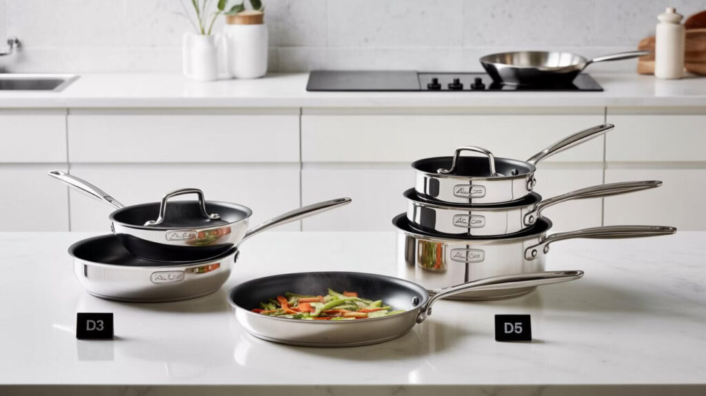 Side-by-side display of stainless-steel All-Clad pans and pots labeled D3 and D5 in a bright kitchen, showcasing design and performance differences for d3 vs d5 all clad cookware.