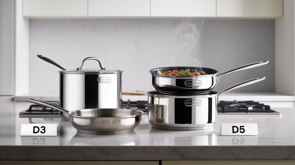 Stainless-steel pots and pans displayed side-by-side in a kitchen, comparing D3 and D5 series with visible labels, showcasing the differences in d3 vs d5 all clad cookware.