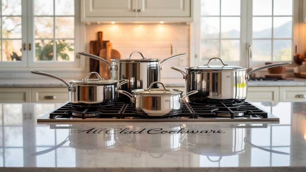 Premium stainless steel pots and pans from the best all clad cookware sets displayed on a gas stove in a bright modern kitchen.