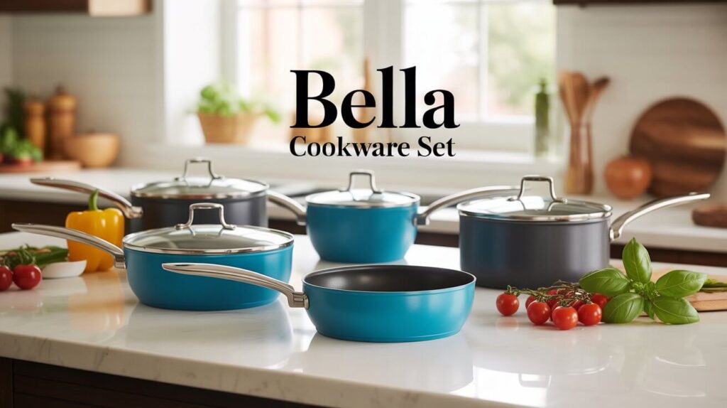 The best Bella cookware set displayed on a kitchen countertop featuring nonstick blue and black pots and pans with stainless steel handles and glass lids.
