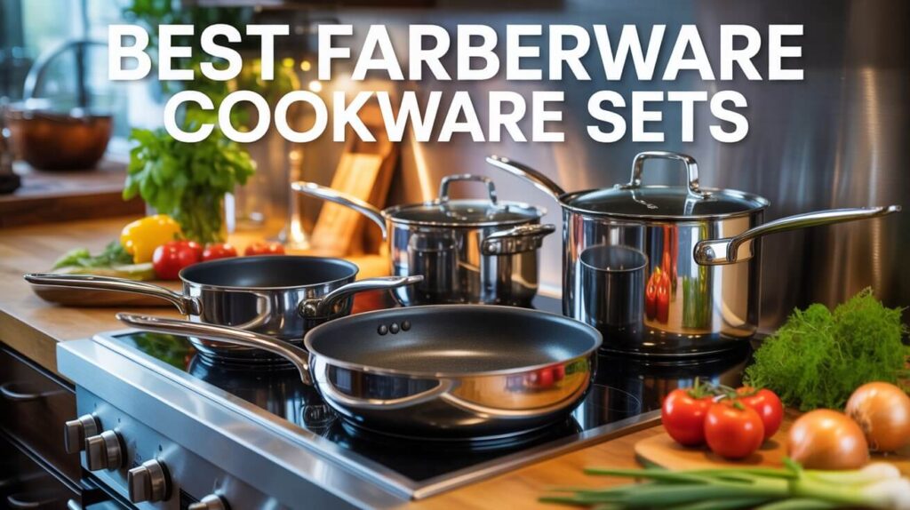 A modern kitchen showcasing the best Farberware cookware sets with stainless steel pots and nonstick frying pans neatly arranged on a stovetop surrounded by fresh vegetables.