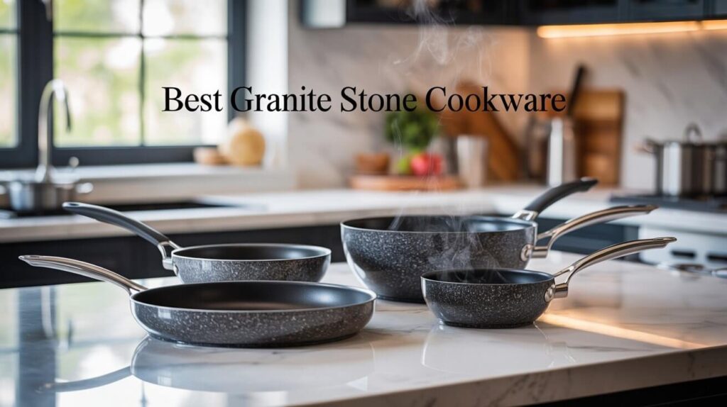 The Best Granite Stone Cookware set displayed on a marble kitchen countertop, featuring nonstick granite-textured pans and pots with sleek stainless steel handles and light steam rising from one pan.