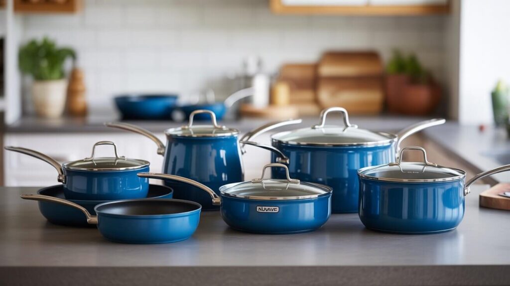 The best nuwave cookware set featuring blue nonstick pots and pans with glass lids and stainless steel handles arranged neatly on a kitchen countertop.