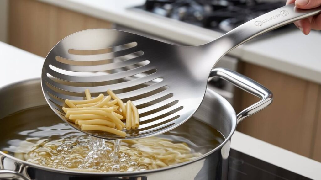 A stainless steel utensil being used to lift cooked pasta from a boiling pot, showcasing the best slotted spoon for cooking with wide draining slots for efficient straining.