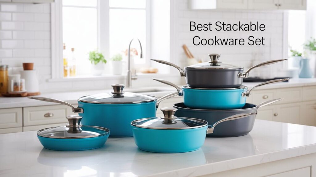A modern kitchen display featuring turquoise and gray nonstick pots and pans arranged as the Best stackable cookware set with glass lids and stainless-steel handles.