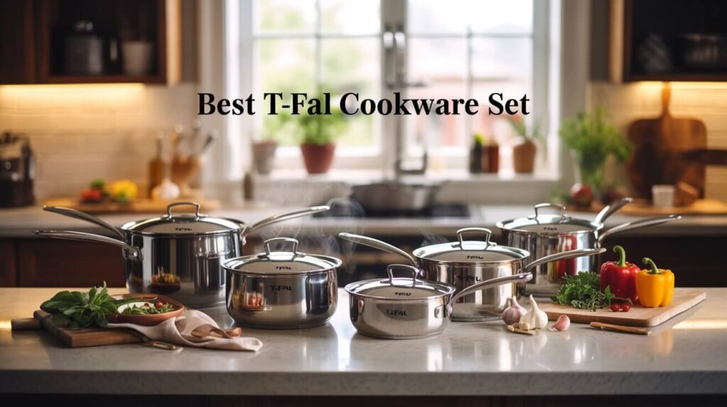 Premium t-fal stainless steel pots and pans displayed on a kitchen counter representing the best T-Fal cookware set for home cooking.