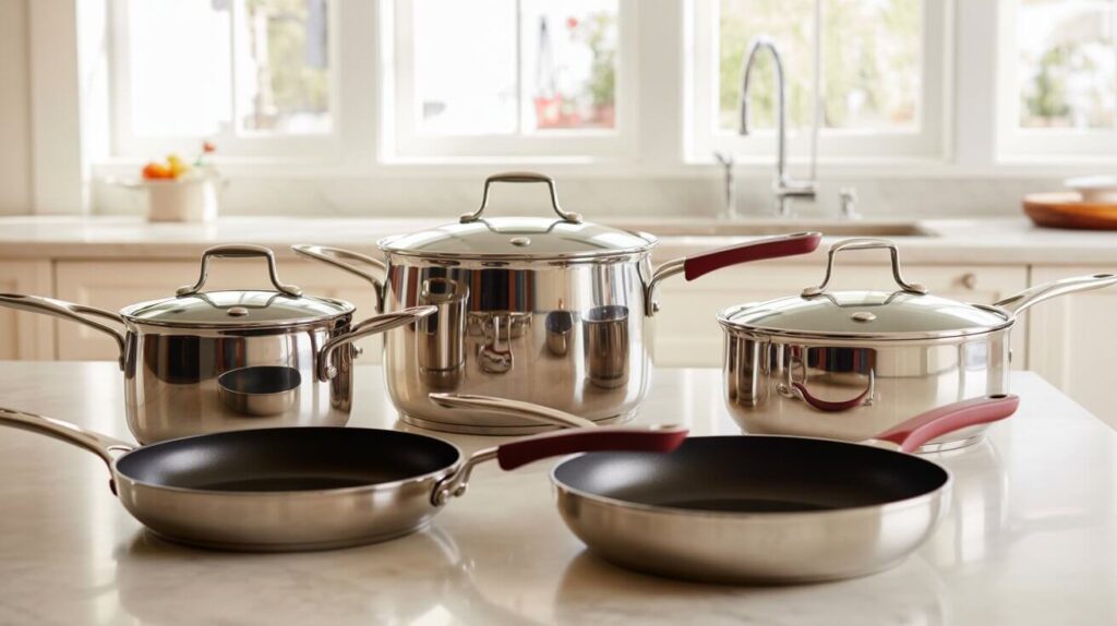 High-quality stainless steel pots and pans displayed in a bright kitchen, showcasing the best Tramontina cookware sets for everyday cooking.
