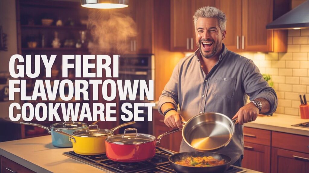 A happy man cooking in a modern kitchen using the Guy Fieri Flavortown cookware set with colorful pots and pans on the stove.