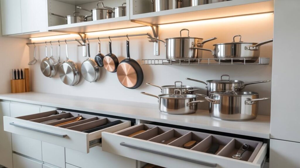 A modern kitchen setup showing how to organize cookware properly with stainless steel pots stacked neatly, pans hanging on wall racks, and utensils arranged in divided drawers for a clean and efficient cooking space.