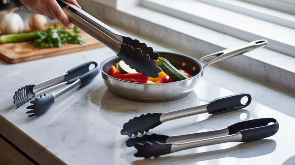 A set of stainless steel and silicone cooking tongs being used to lift vegetables from a frying pan in a bright modern kitchen, showcasing the best tongs for kitchen tasks with a comfortable non-slip grip.