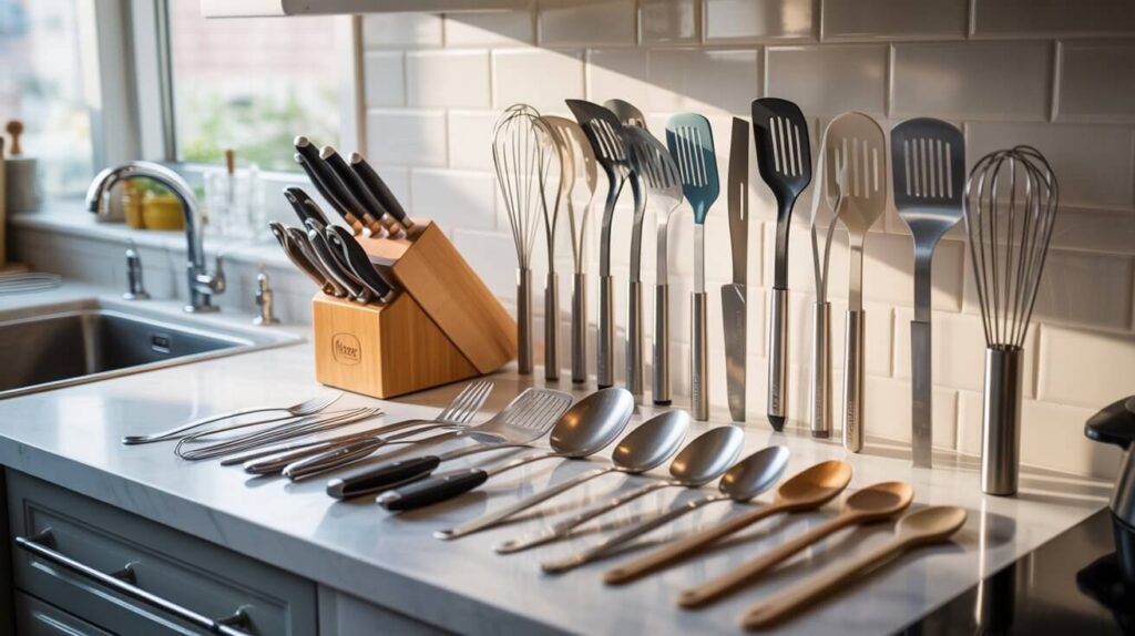A neatly organized collection of modern kitchen utensils arranged on a bright kitchen countertop with knives, spatulas, whisks, and spoons.