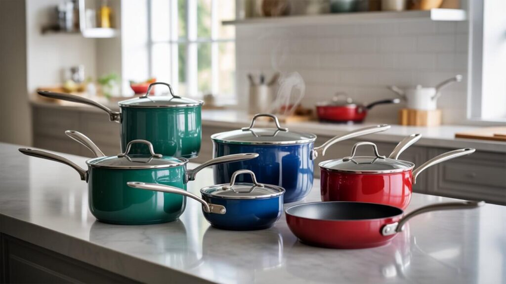 A colorful arrangement of pots and pans on a kitchen countertop, similar in style to a sensarte cookware set, featuring green, blue, and red cookware pieces in a modern cooking space.