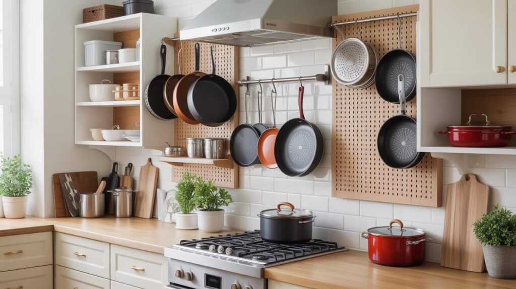 A well-organized kitchen showing how to store cookware properly with pans hanging on wall racks, pots neatly placed on shelves, and utensils arranged for easy access in a bright modern cooking space.