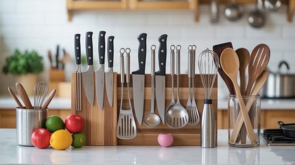 A neatly arranged set of kitchen knives and stainless-steel tools on a wooden stand with wooden spoons and whisks in containers, showing what is a kitchen utensils in a modern kitchen setup.