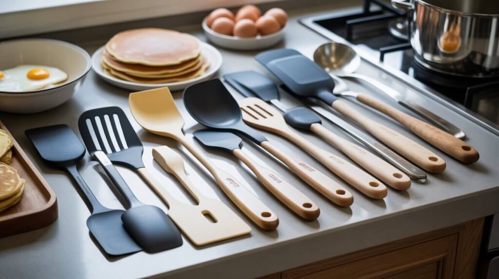 A high-quality assortment of spatulas utensils for cooking arranged neatly on a kitchen counter beside pancakes and eggs, showcasing a variety of silicone and wooden-handled tools.