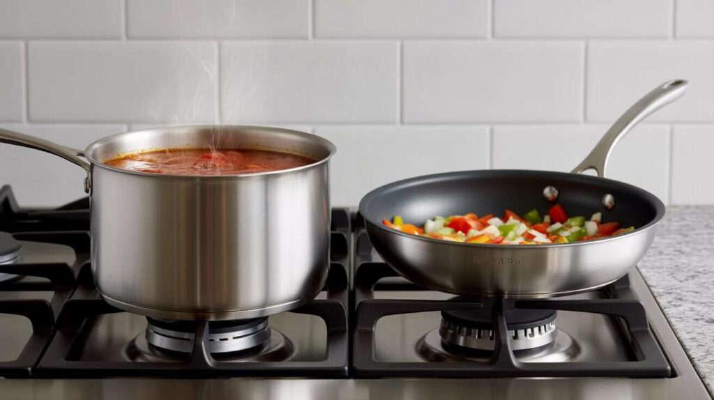 A stainless-steel saucepan simmering soup beside a sauté pan cooking mixed vegetables on a gas stove, showing the key differences in shape and use for a saucepan vs sauté pan.