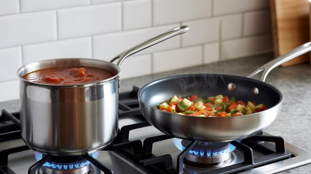 Stainless steel saucepan simmering tomato sauce beside a saute pan cooking vegetables on a gas stove, clearly illustrating saute pan vs saucepan functionality and cooking differences.
