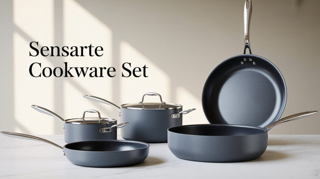 A modern nonstick grey cookware collection arranged on a kitchen counter, featuring pans and pots similar to a sensarte cookware set, photographed in soft natural lighting.