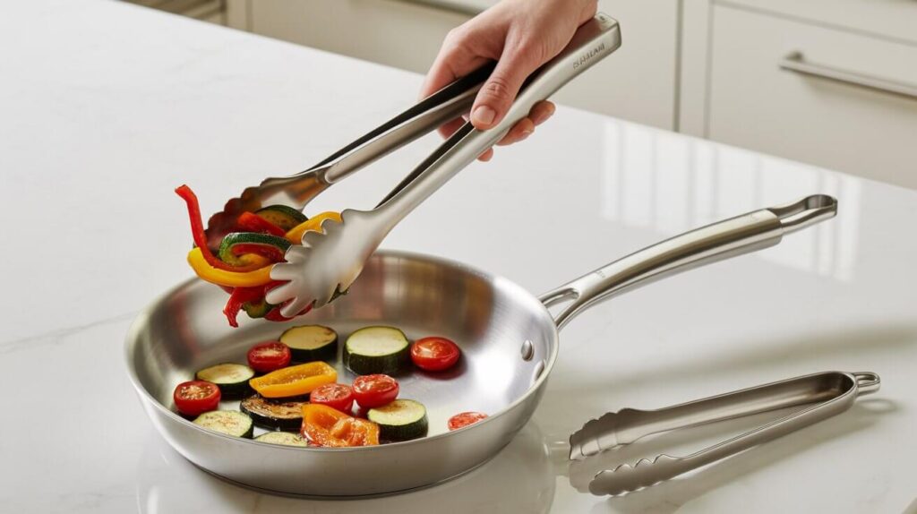 A hand using stainless steel kitchen tongs to lift cooked vegetables from a stainless steel frying pan on a clean kitchen counter.