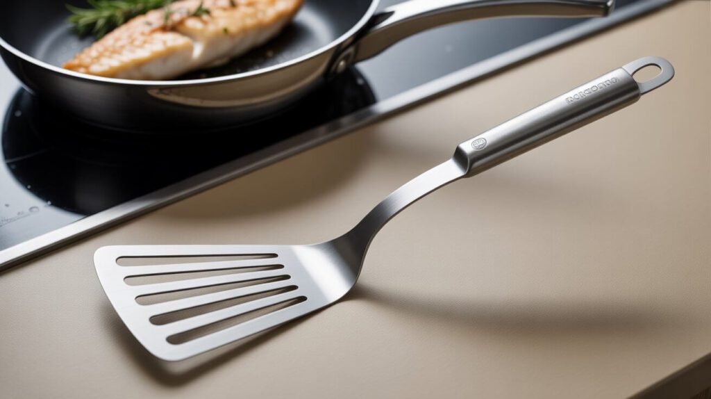 A premium stainless steel kitchen utensils fish spatula placed on a countertop near a frying pan with fish cooking, showcasing its slotted design and ergonomic handle.