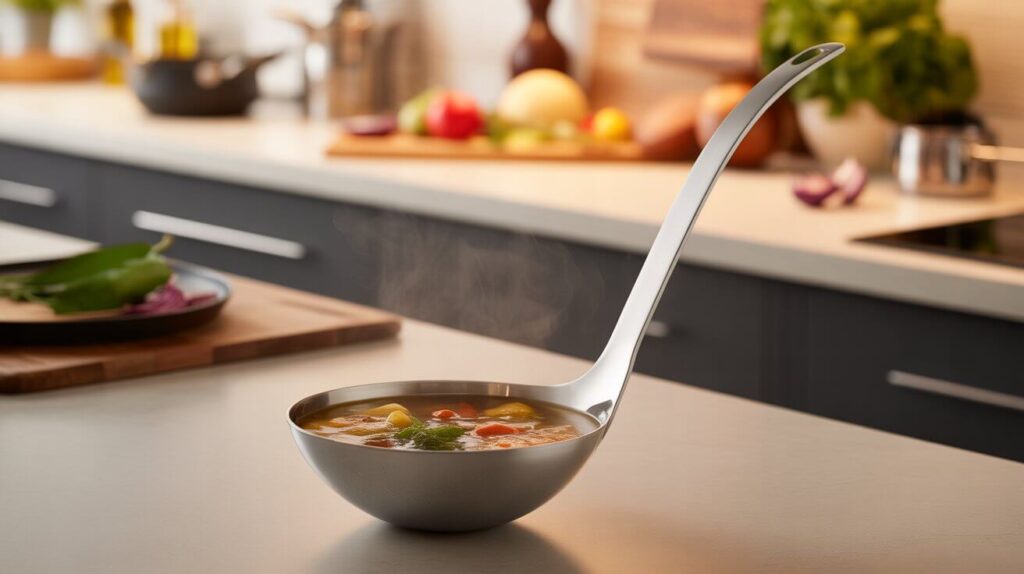 A high-quality stainless steel ladle filled with hot vegetable soup resting on a kitchen counter, showcasing the best ladle in kitchen for everyday cooking.