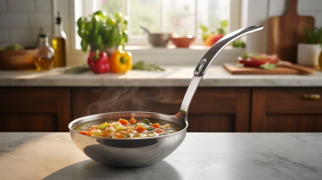 A steaming pot of vegetable soup in a stainless steel pan with a sleek metal ladle resting inside, showcasing the best ladle for cooking in a bright modern kitchen setting.