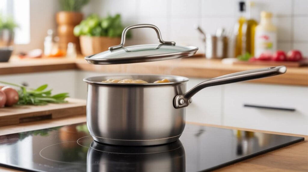 Stainless steel saucepan on an induction stove with steam rising from cooked food, clearly showing What is a Saucepan? in a real kitchen setting.
