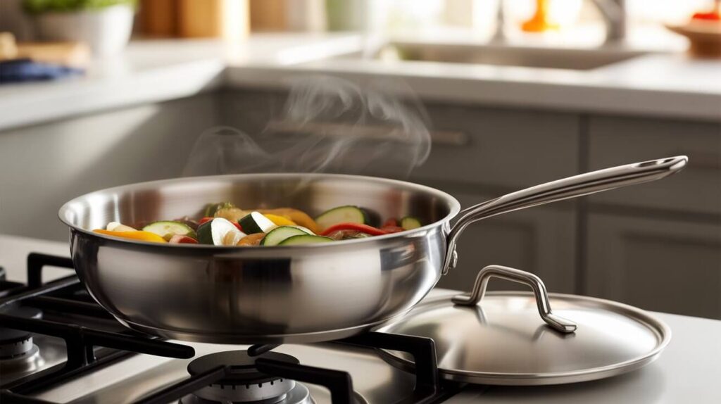 Stainless steel saute pan on a gas stove cooking colorful vegetables with rising steam, showing What is a Saute Pan? in a real kitchen setting.