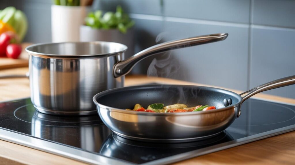 Stainless steel sauté pan and saucepan on an induction cooktop with vegetables cooking, illustrating the deference betweensaute pan and saucepan in a modern kitchen setting