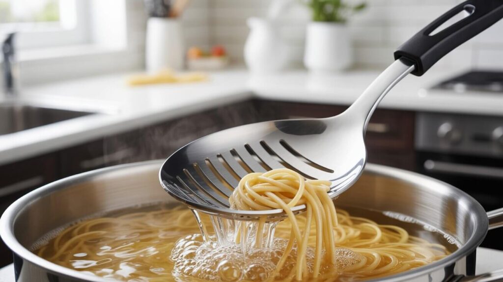 A stainless steel slotted spoon lifting cooked spaghetti from a boiling pot in a modern kitchen, showing the utensil’s wide draining slots for efficient pasta straining.