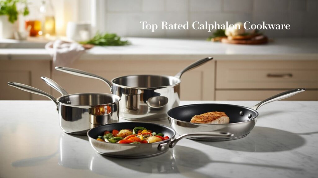 Top rated Calphalon cookware displayed on a bright kitchen countertop with stainless steel pots and nonstick pans.