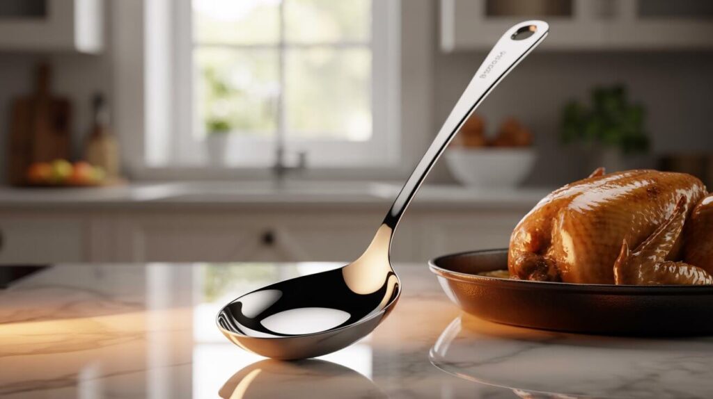 A polished stainless steel basting spoon resting on a marble countertop next to a roasted chicken in a kitchen setting, showcasing the design and functionality of the best basting spoon for cooking.