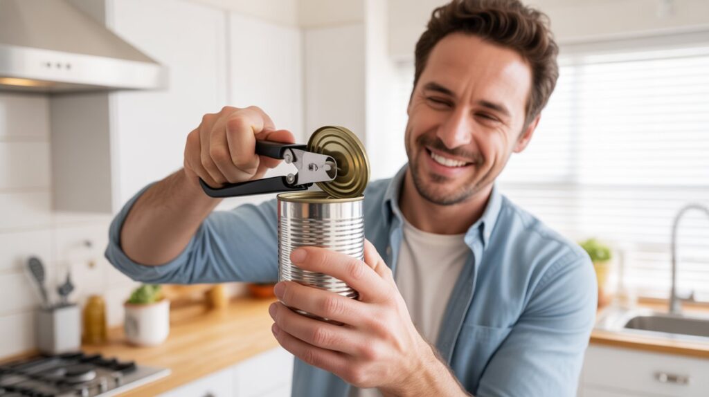 A smiling man opening a tin can with the best can opener in a bright modern kitchen, showing an easy and safe can-opening experience.