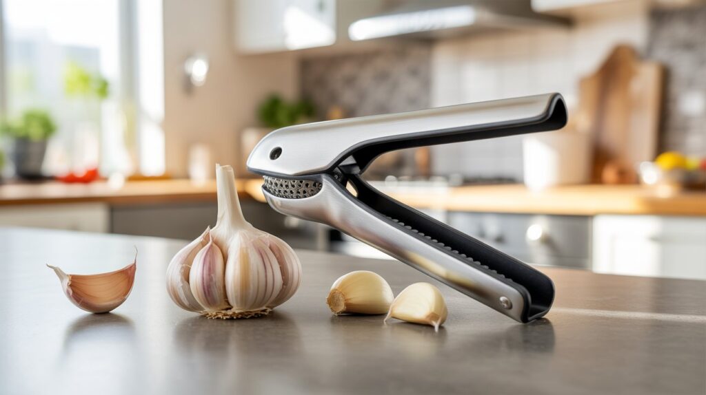 A modern stainless steel garlic press, considered the best garlic press for kitchen use, crushing fresh garlic cloves on a clean countertop in a bright contemporary kitchen.