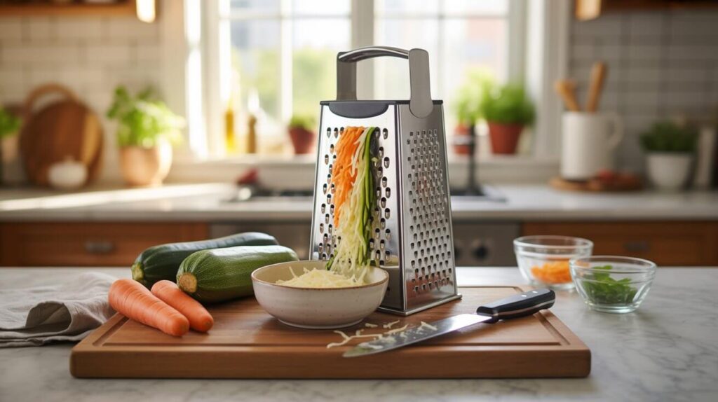 A stainless steel box grater shredding carrots and zucchini over a bowl on a wooden cutting board, showcasing the best grater for kitchen use in a bright modern kitchen setting.
