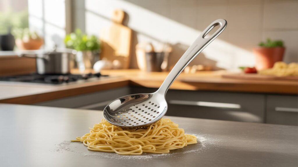 A stainless steel slotted pasta server lifting freshly cooked spaghetti in a modern kitchen, showcasing the best pasta server for smooth and efficient serving.
