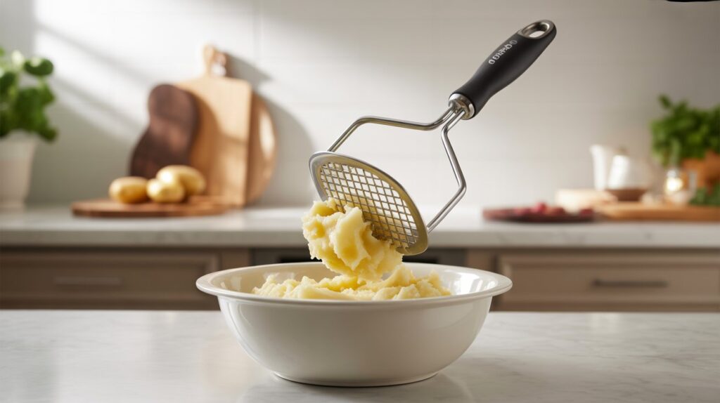 A high-quality stainless steel potato masher lifting freshly mashed potatoes from a bowl in a bright modern kitchen, showcasing the design and performance of the best potato masher for smooth and fluffy results.