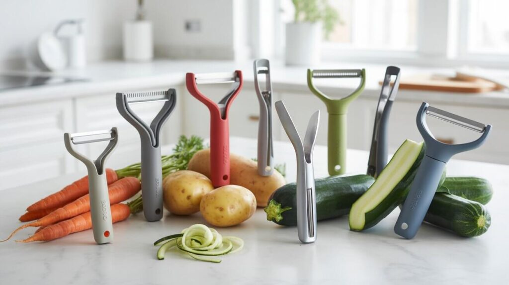 A collection of modern peelers arranged with carrots, potatoes, and zucchini, showcasing the best vegetable peelers for kitchen use with stainless steel blades and ergonomic handles.
